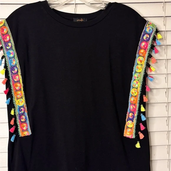 Embellished Black Top with Colorful Tassels - Picture 1 of 4